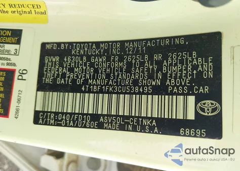 2012 Toyota Camry Le из США, поврежденный, VIN 4T1BF1FK3CU538495